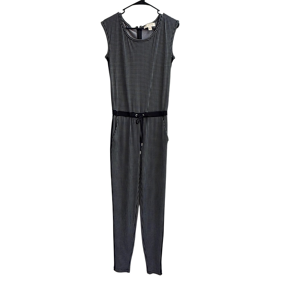 Michael Kors Black White Checked Grid Print Boat Neck Sleeveless Jumpsuit XS